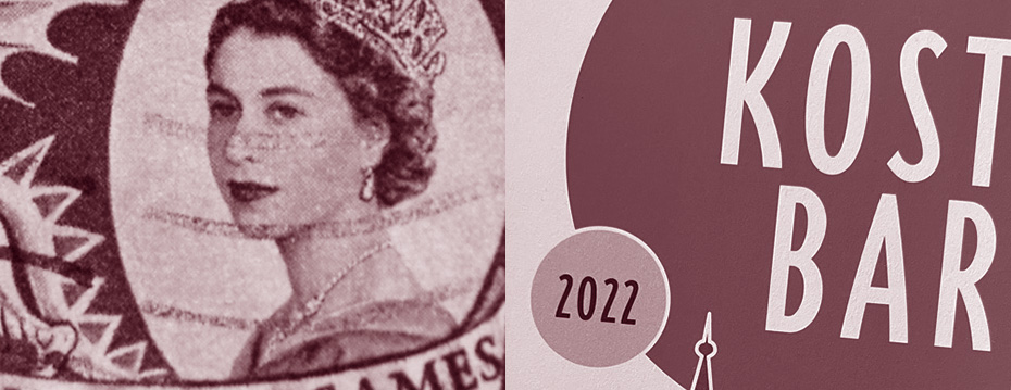 Die Queen auf einer Briefmarke und das Cover von KOSTBAR 2022.