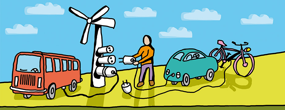 Illustration von einem Windrad, das elektrische Fahrzeuge lädt.
